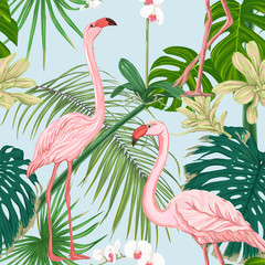 Seamless pattern, background. with tropical plants and flowers.