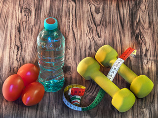 Healthy lifestyle - food, drink, sports equipment