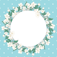 Cherry blossom round pattern on blue polka dot background