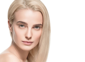 Naklejka premium Beautiful blonde girl portrait, woman face with perfect long hairstyle.