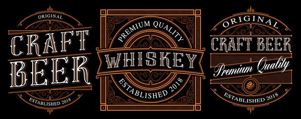 Vintage alcohol labels on dark background