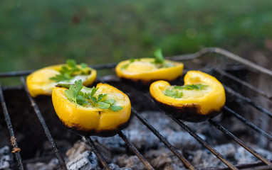 Eggs in Bolgarian pepper grilled on coals in the grill