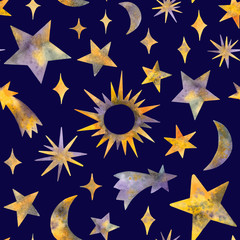 watercolor stars and celestial bodies. seamless pattern on a dark blue background