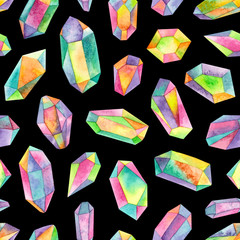 watercolor rainbow iridescent gemstones.seamless pattern on a black background