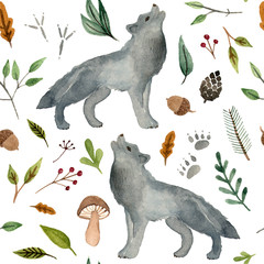 watercolor hand painted wolf. woodland animals seamless pattern