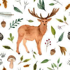 watercolor hand painted animals - deer. fawn seamless pattern on a white background.