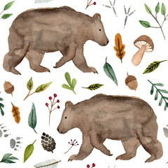 watercolor hand painted brown bear. woodland animals seamless pattern.