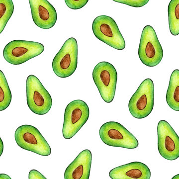 watercolor avocado seamless pattern on a white background.