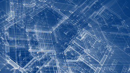 Architecture design: blueprint plan - illustration of a plan modern residential building / technology, industry, business concept illustration: real estate, building, construction, architecture