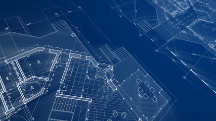 Architecture design: blueprint plan - illustration of a plan modern residential building / technology, industry, business concept illustration: real estate, building, construction, architecture