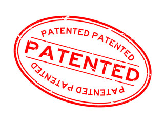 Grunge red patented word oval rubber seal stamp on white background