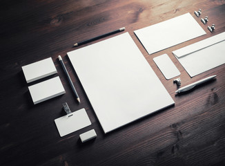 Blank branding identity set on wooden background. Stationery template.