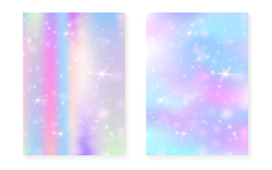 Kawaii background with rainbow princess gradient. Magic unicorn hologram. Holographic fairy set. Fluorescent fantasy cover. Kawaii background with sparkles and stars for cute girl party invitation.