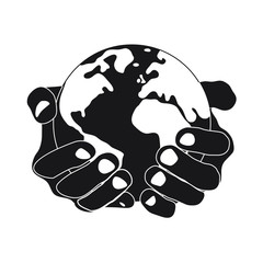 hands holding earth round on white background black symbol