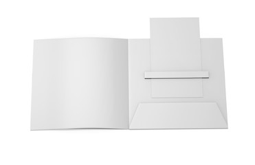 Blank white plastic card mockup inside paper booklet holder, mock up template on isolated white background, 3d illustration