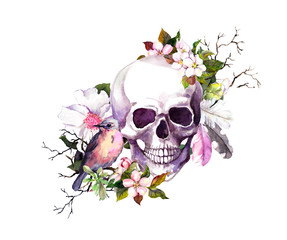 Human skull with cherry blossom flowers , feathers, bird for Day of the Death. Watercolor