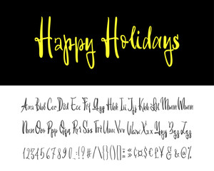 Happy holidays. Hand drawn typeface set isolated on white. Vector logo font. Typography alphabet for your designs: logo, typeface, card, wedding invitation.