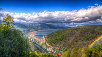 Landscape of Mavrovo national park with rainbow, mountain and lake, FYR Macedonia - obrazy, fototapety, plakaty