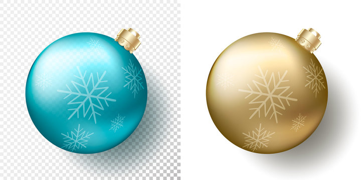 Set of two isolated Realistic Christmas transparent Baubles, spheres or balls in metallic golden and blue color with snowflakes pattern, gold decorative caps and shadow. Vector illustration eps10