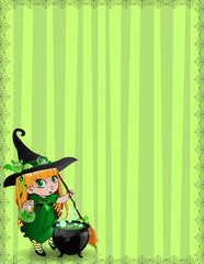 Halloween border of witch baby girl with broomstick, cauldron, copy space on green striped background