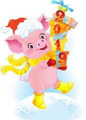 Yellow Earthy Pig with Gift Boxes. Cute Symbol of Chinese Horoscope.