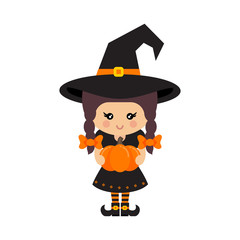 cartoon cute witch vector with braids in hat and pumpkin