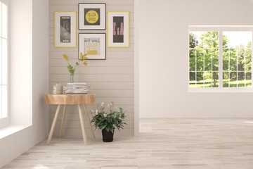 White empty room with summer landscape in window. Scandinavian interior design. 3D illustration
