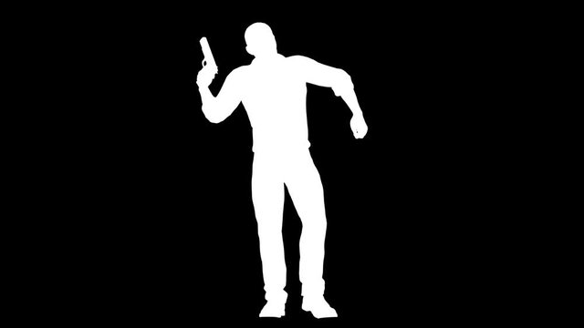 Silhouette of a dancing guy with a gun. Alpha channel. Alpha matte. FullHD.