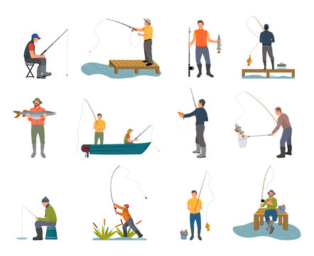 Fishers with Fishing Rod Set Vector Illustration