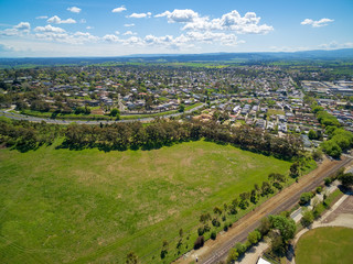 Aerial view of Maroondah Highway and Lilydale suburb on bright sunny day. Melbourne, Australia