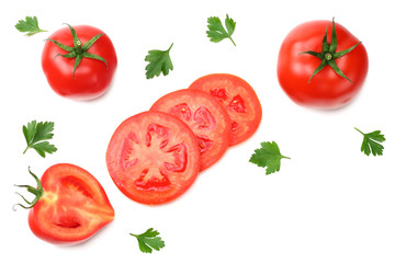 slice of tomato with parsley isolated on white background. top view