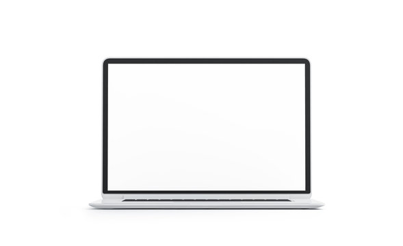 Blank white laptop screen mock up, isolated, 3d rendering. Empty computer display mockup, front view. Clear portable data processor. Pc monitor template.