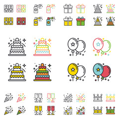 Birthday party flat simple line icons set.