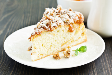 Apple cake with caramel and crumble.