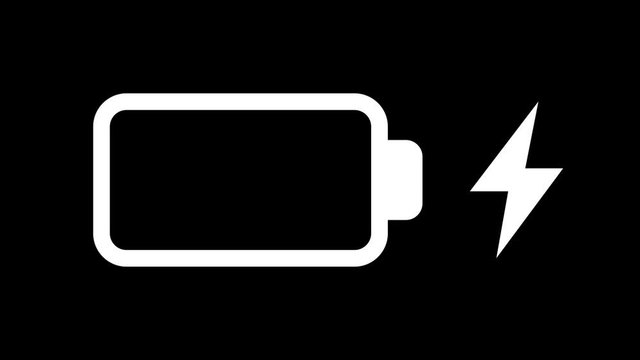 Simple 4K flat loopable animation of white green battery icon blinking and charging isolated on black background. 