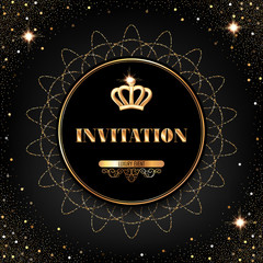 VIP invitation template with golden crown and sparkling confetti on black background