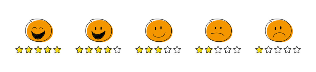 Collection of star rating icons - funny stickamn with different facial expressions. Vector.