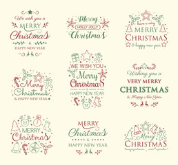 Collection of Christmas calligraphy with ornaments. Vector.