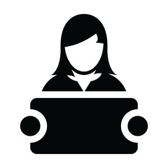 Communication icon vector female person profile avatar symbol with signboard for advertising campaign in glyph pictogram illustration