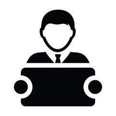 Press icon vector male person profile avatar symbol with signboard for advertising campaign in glyph pictogram illustration