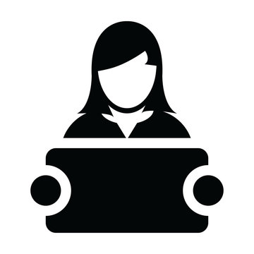 recommend clip art: Communication icon vector female person profile avatar symbol with signboard for advertising campaign in glyph pictogram illustration