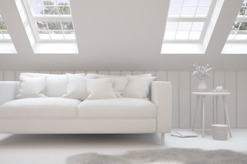 White room with sofa. Scandinavian interior design. 3D illustration