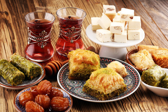 Middle eastern or arabic dishes. Turkish Dessert Baklava with pistachio