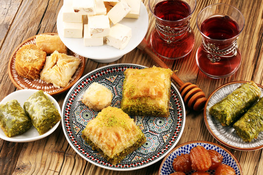 Middle eastern or arabic dishes. Turkish Dessert Baklava with pistachio