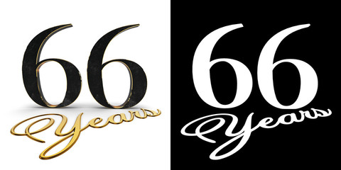 Golden number sixty six (number 66) and the inscription years with drop shadow and alpha channel. 3D illustration