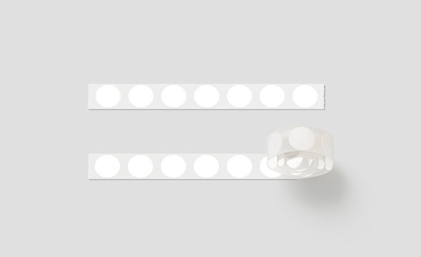 Blank Silver Tape With White Round Stickers Mockup, Isolated, 3d Rendering. Empty Adhesive Circle Tag On Roll Mock Up. Clear Release Liner Glue Label. Severed Line With Sticky For Sale Or Message.