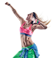 one caucasian woman zumba dancers dancing fitness exercising excercises in studio isolated on white background