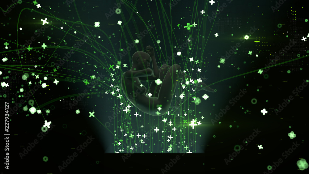 Poster 3d render abstract background with human that surrounded with particles and trails. technology aroun