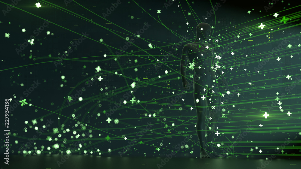 Poster 3d render abstract background with human that surrounded with particles and trails. technology aroun