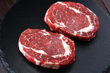Steak raw. Barbecue Rib Eye Steak, dry Aged Wagyu Entrecote Steak.